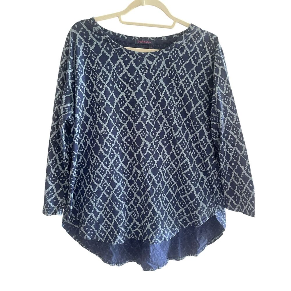 Fresh Produce Blue Top Women’s Size Large 100% Cotton USA 3/4 Sleeve Hi-Low Hem